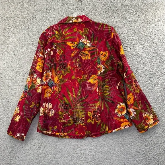 Chico's Long Sleeve Floral Button Up Linen Blend Tropical Artsty Red Women's 2 L - Picture 3 of 8